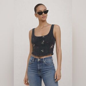 Banjara Black Floral Embroidered Frayed-Hem Crop Tank